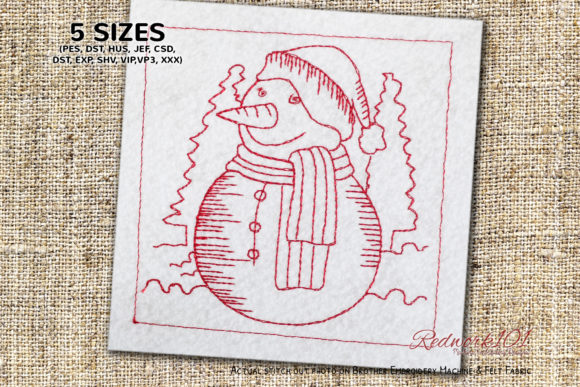 Charming Snowman with Scarf and Hat Redwork
