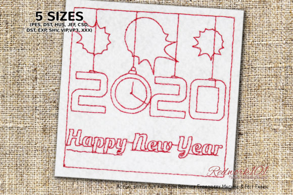 New Year Clock with Decoration Redwork